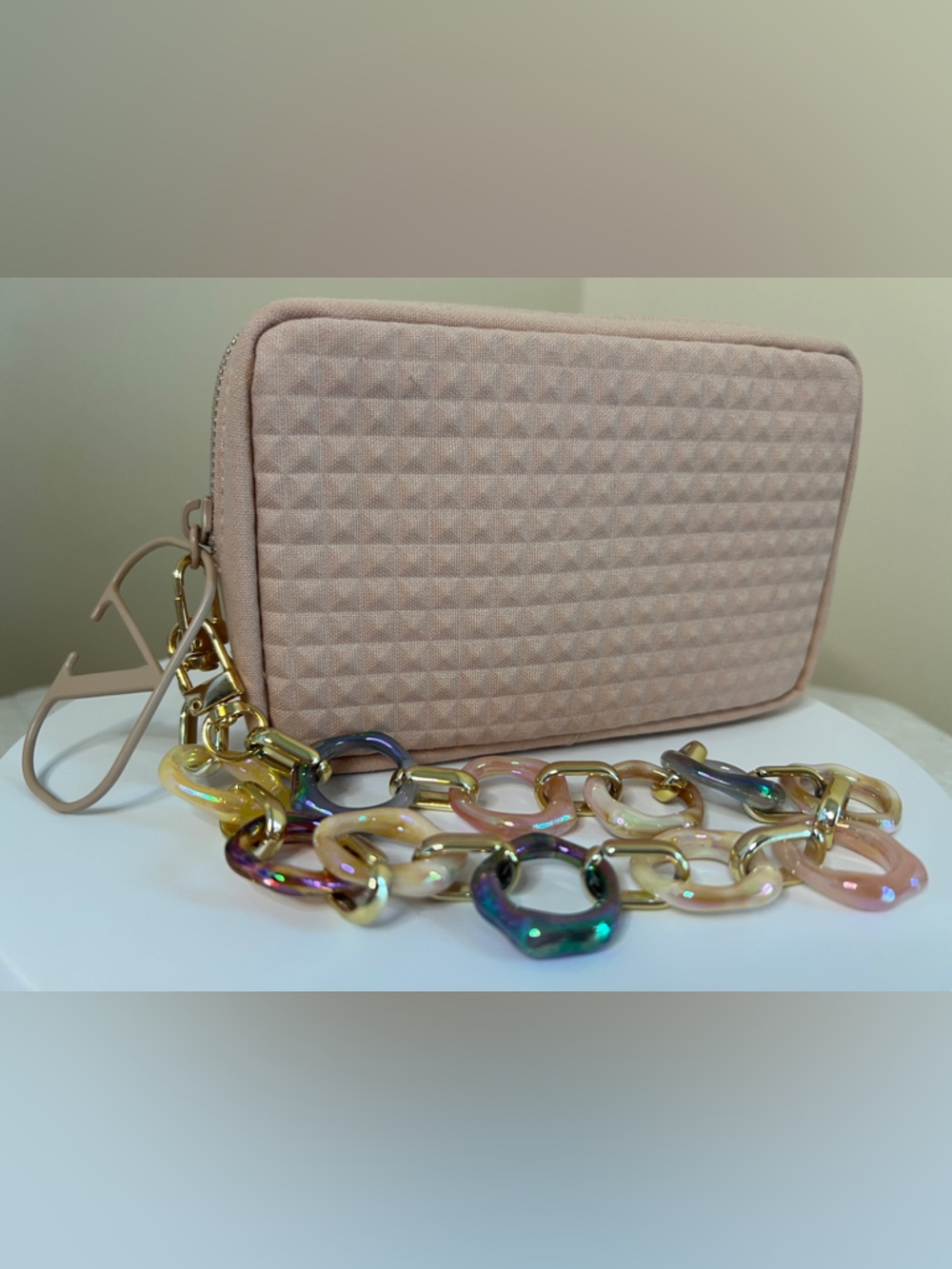 Valentino Quilted Light Pink Clutch with Iridescent Chain